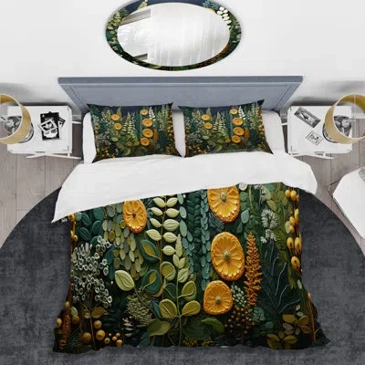 Design Art Yellow Ferns Plant Forest Tapestry - Ferns Duvet Cover Set In Green;yellow