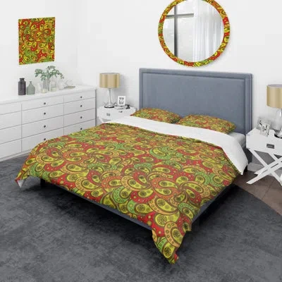Design Art Yellow Floral Paisley - Abstract Duvet Cover Set - Microfiber Polyester In Green,yellow