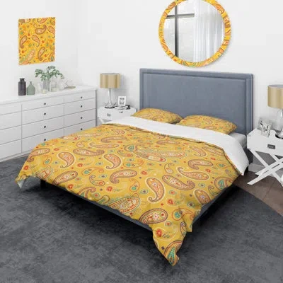 Design Art Yellow Floral Paisley - Abstract Duvet Cover Set - Microfiber Polyester In Yellow,green