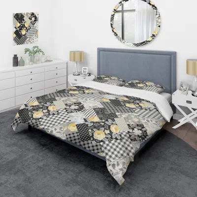 Design Art Yellow Floral Patchwork - Abstract Duvet Cover Set - Microfiber Polyester In Gray