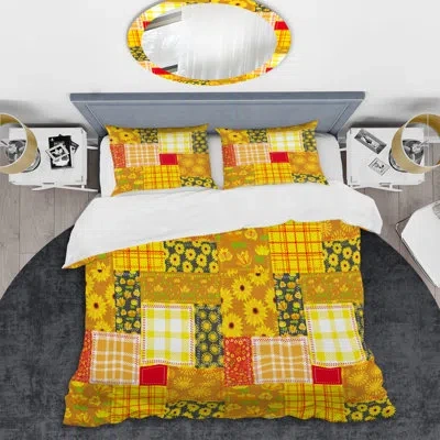 Design Art Yellow Floral Patchwork - Abstract Duvet Cover Set - Microfiber Polyester In Yellow,brown,red