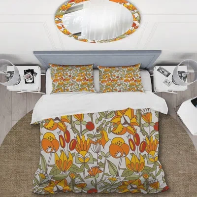 Design Art Yellow Flowers - Floral Duvet Cover Set - Microfiber Polyester In Orange,green