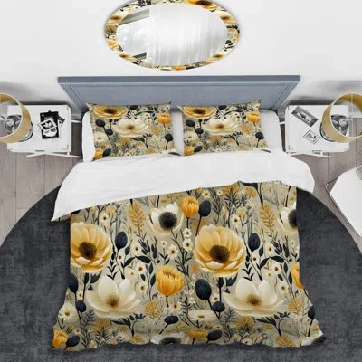 Design Art Yellow Garden Floral Serene Blooms I - Floral Duvet Cover Set In Beige;yellow