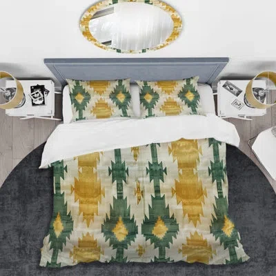 Design Art Yellow Geometric Retro Navajo Iii - Geometric Retro Duvet Cover Set In Green;yellow