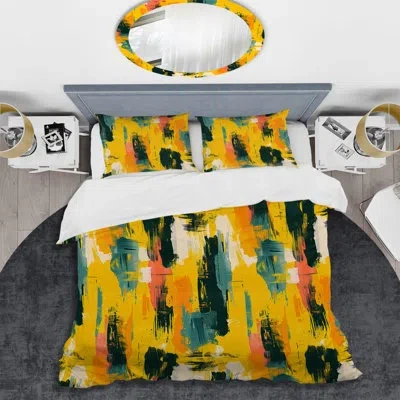 Design Art Yellow Green Brush Strokes - Modern Duvet Cover Set In Green;yellow