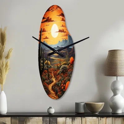 Design Art Yellow Green Cactus Desert Sunset Saguaro - Cactus Asymmetrical Metal Clock, Yellow Curved Metal Clo In Green;yellow