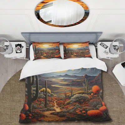 Design Art Yellow Green Cactus Desert Sunset Saguaro - Cactus Duvet Cover Set - Microfiber Polyester In Blue;green;yellow