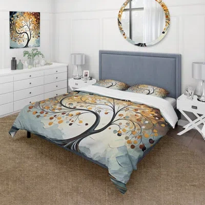 Design Art Yellow Grey Majestic Canopies Tree Microfiber / Polyester Duvet Cover Setmicrofiber / Polyester Duve In Gray;yellow
