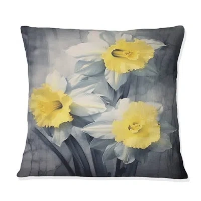 Design Art Yellow Grey Natures Daffodils Impression I - Floral Printed Throw Pillow In Gray;yellow