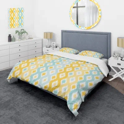 Design Art Yellow Ikat Ogee - Abstract Duvet Cover Set - Microfiber Polyester In Blue;yellow