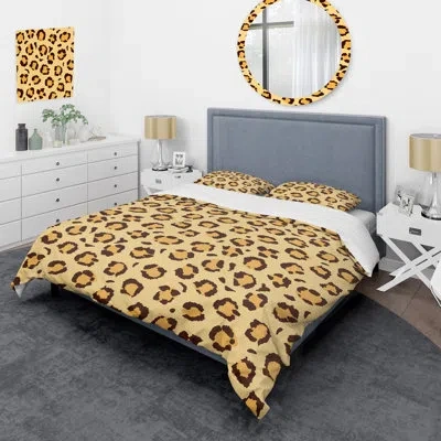 Design Art Yellow Leopard Pattern - Animals Duvet Cover Set - Microfiber Polyester In Brown;yellow;cream