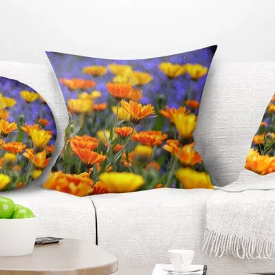 Design Art Yellow Orange Flower Garden - Floral Printed Throw Pillow In Yellow;orange