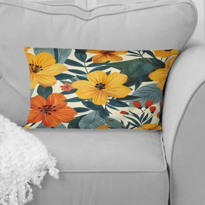 Design Art Yellow Orange Midcentury Flower Gardens I - Midcentury Flowers Lumbar Pillow In Yellow;orange