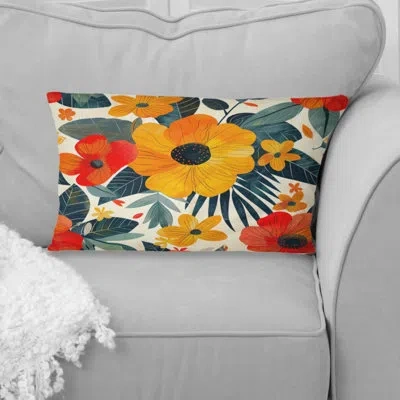 Design Art Yellow Orange Midcentury Flower Gardens Ii - Midcentury Flowers Lumbar Pillow In Yellow;orange