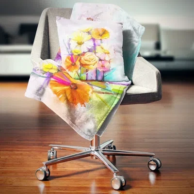 Design Art Yellow Pink Gerbera And Rose Bouquet - Floral Printed Pillow