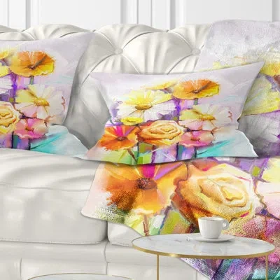 Design Art Yellow Pink Gerbera And Rose Bouquet - Floral Printed Throw Pillow