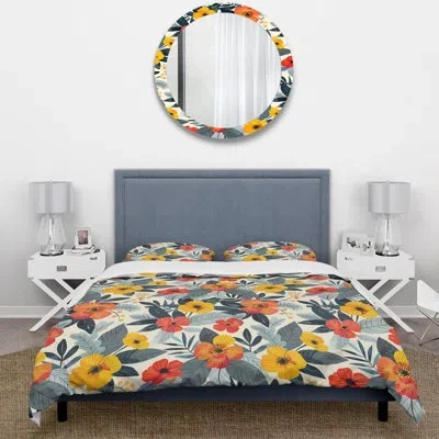 Design Art Yellow Red Midcentury Flower Gardens - Midcentury Flowers Duvet Cover Set In Red;yellow
