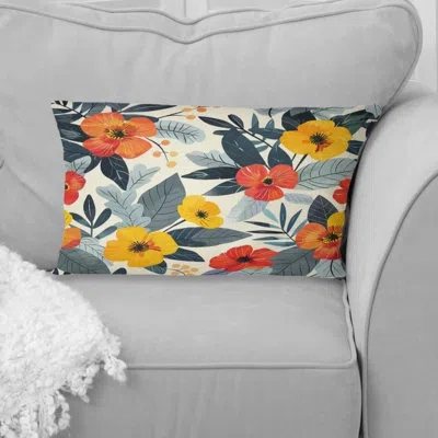 Design Art Yellow Red Midcentury Flower Gardens - Midcentury Flowers Lumbar Pillow In Red;yellow