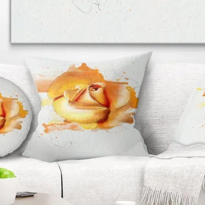 Design Art Yellow Rose Flower On White Back - Floral Printed Pillow In White;yellow