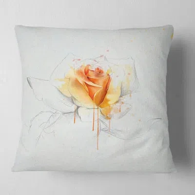 Design Art Yellow Rose Sketch On White Back - Floral Printed Pillow In White;yellow