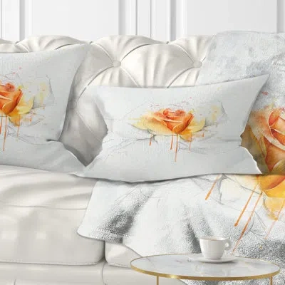 Design Art Yellow Rose Sketch On White Back - Floral Printed Throw Pillow