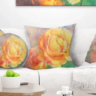 Design Art Yellow Rose Watercolor - Floral Printed Throw Pillow In Yellow;purple