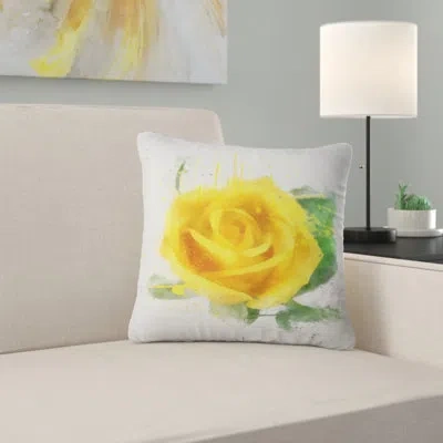 Design Art Yellow Rose With Green Leaves Sketch - Floral Printed Pillow