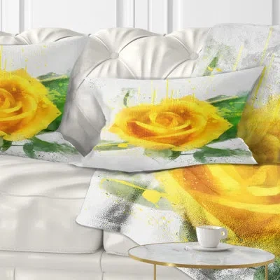 Design Art Yellow Rose With Green Leaves Sketch - Floral Printed Throw Pillow