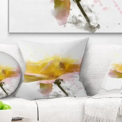 Design Art Yellow Rose With Green Stem - Floral Printed Throw Pillow