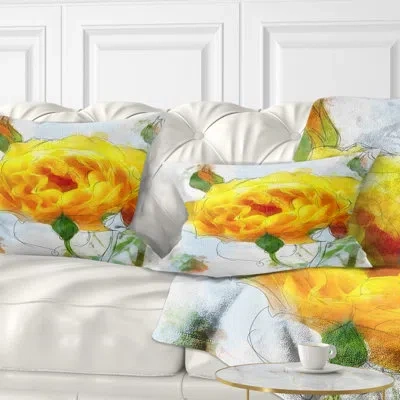 Design Art Yellow Rose With Rose Buds Sketch - Floral Printed Throw Pillow