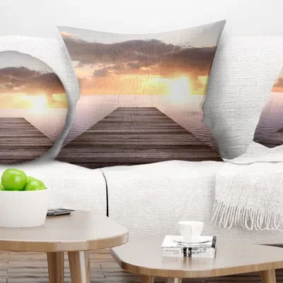 Design Art Yellow Sea And Brown Pier - Sea & Shore Printed Pillow