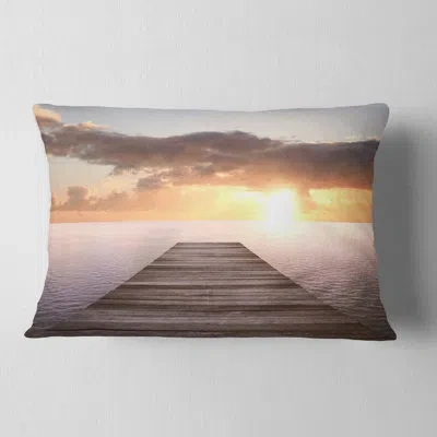 Design Art Yellow Sea And Brown Pier - Sea & Shore Printed Throw Pillow