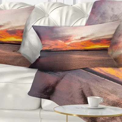 Design Art Yellow Sky Over Calm Sydney Coast - Sea & Shore Printed Throw Pillow In Blue