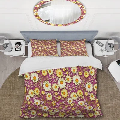 Design Art Yellow Spring Flower - Cabin & Lodge Duvet Cover Set In Purple