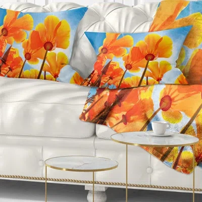Design Art Yellow Spring Flowers On Blue - Floral Printed Pillow