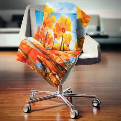 Design Art Yellow Spring Flowers On Blue - Floral Printed Pillow In Blue;yellow