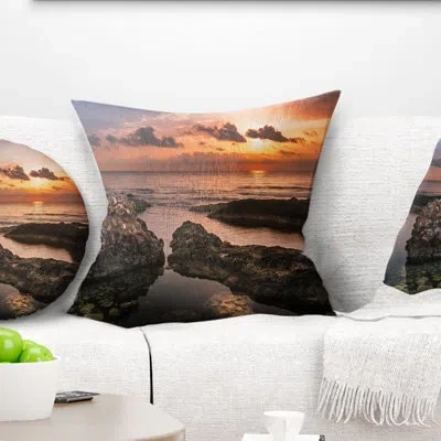 Design Art Yellow Sun Over Ancient Ruins - Sea & Shore Printed Throw Pillow In Brown;orange