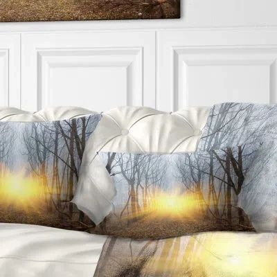 Design Art Yellow Sun Rays In Misty Forest - Landscape Printed Throw Pillow