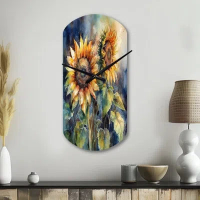 Design Art Yellow Sunflower Symphony Ii - Sunflower Asymmetrical Metal Wall Clock, Traditional Cylinder Wall Cl In Brown;yellow