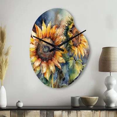 Design Art Yellow Sunflower Symphony Ii - Sunflower Unique Shape Metal Clock, Traditional Asymmetrical Wall Clo