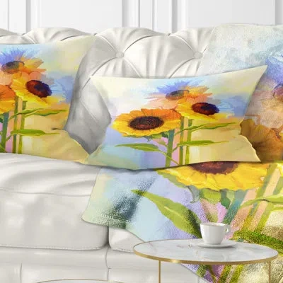 Design Art Yellow Sunflowers With Green Leaves - Floral Printed Throw Pillow