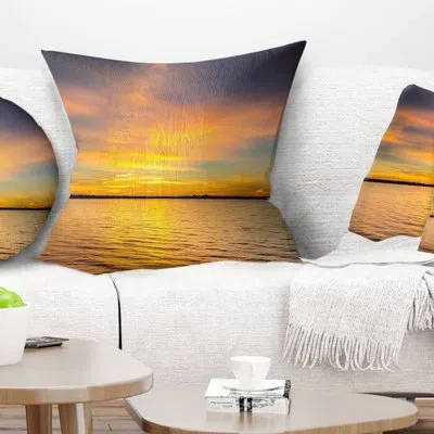 Design Art Yellow Sunrise Light Hitting Waters - Sea & Shore Printed Throw Pillow In Blue