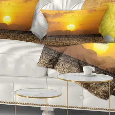Design Art Yellow Sunset And Brown Ocean - Sea & Shore Printed Throw Pillow