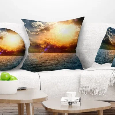 Design Art Yellow Sunset In The Middle Of Ocean - Sea & Shore Printed Pillow In Blue;orange