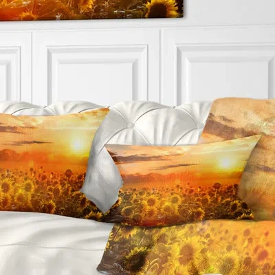Design Art Yellow Sunset Over Sunflowers - Floral Printed Pillow