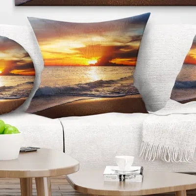 Design Art Yellow Sunset Through Dark Clouds - Sea & Shore Printed Pillow
