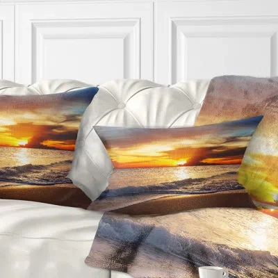 Design Art Yellow Sunset Through Dark Clouds - Sea & Shore Printed Throw Pillow