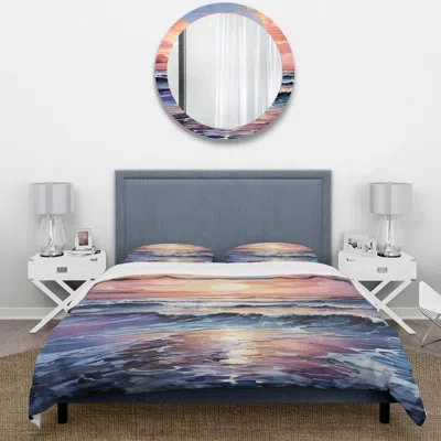 Design Art Yellow Tide At Evening Sunset I - Coastal Sunset Duvet Cover Set In Blue;yellow