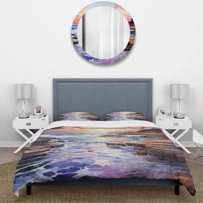 Design Art Yellow Tide At Evening Sunset Iii - Coastal Sunset Duvet Cover Set In Blue;yellow