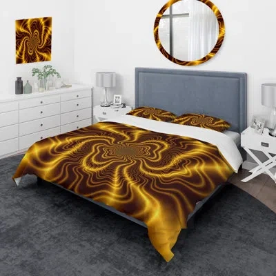 Design Art Yellow Transcendent Glowing Spiral - Modern Duvet Cover Set - Microfiber Polyester In Gold,black